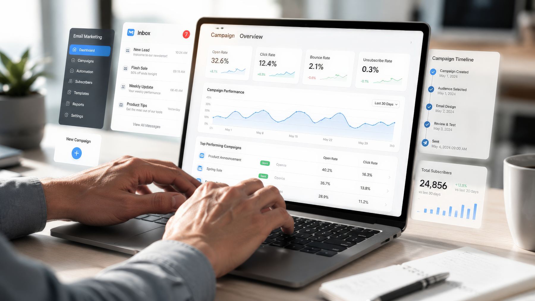Laptop mit Kampagnen-Dashboard und Marketing-Kennzahlen