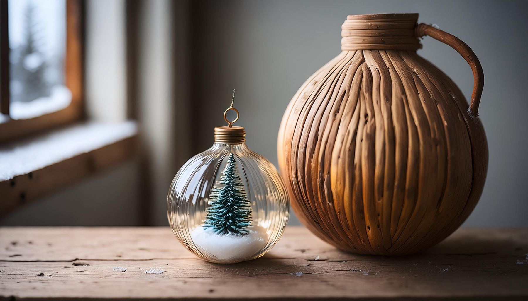 Wohnaccessoires: Glasornament und Holzkrug